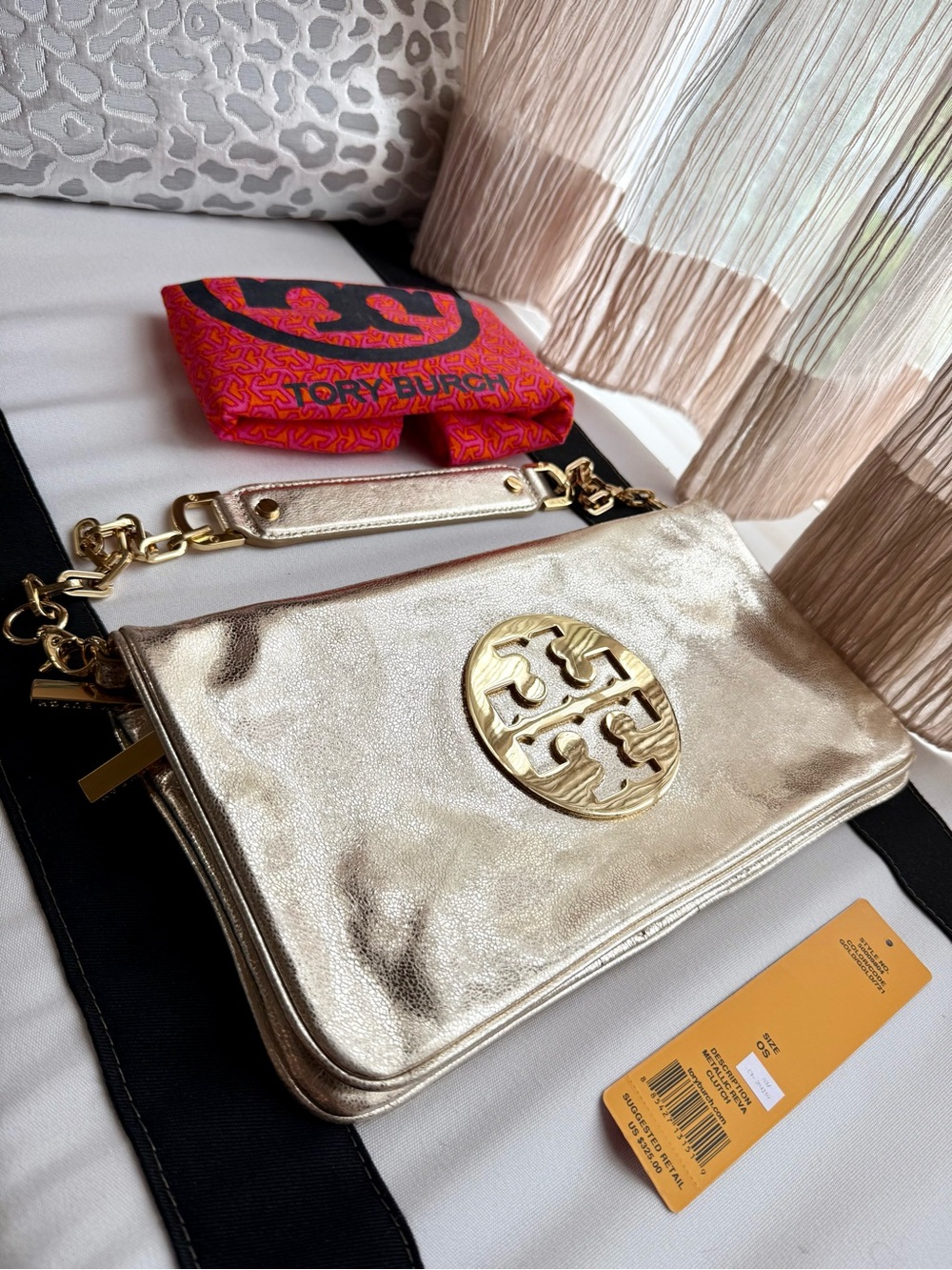 Tory Burch Reva Metallic Gold Leather Shoulder Bag / Clutch w Chain Strap - Picture 2 of 12